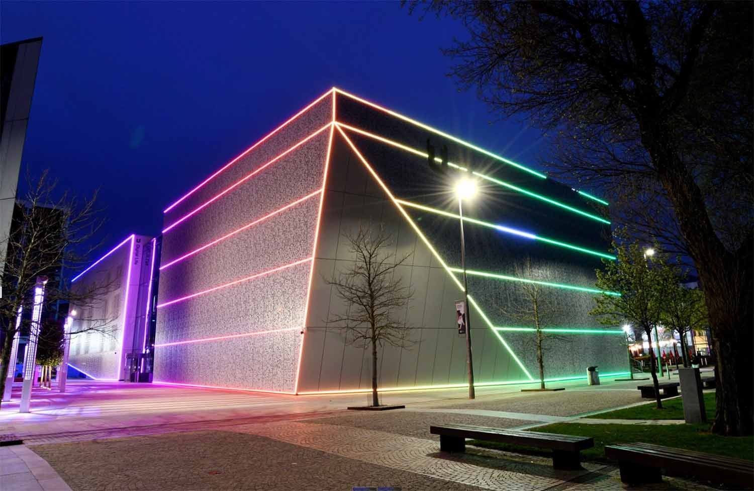 Digital Life building at Teesside University lit up at night